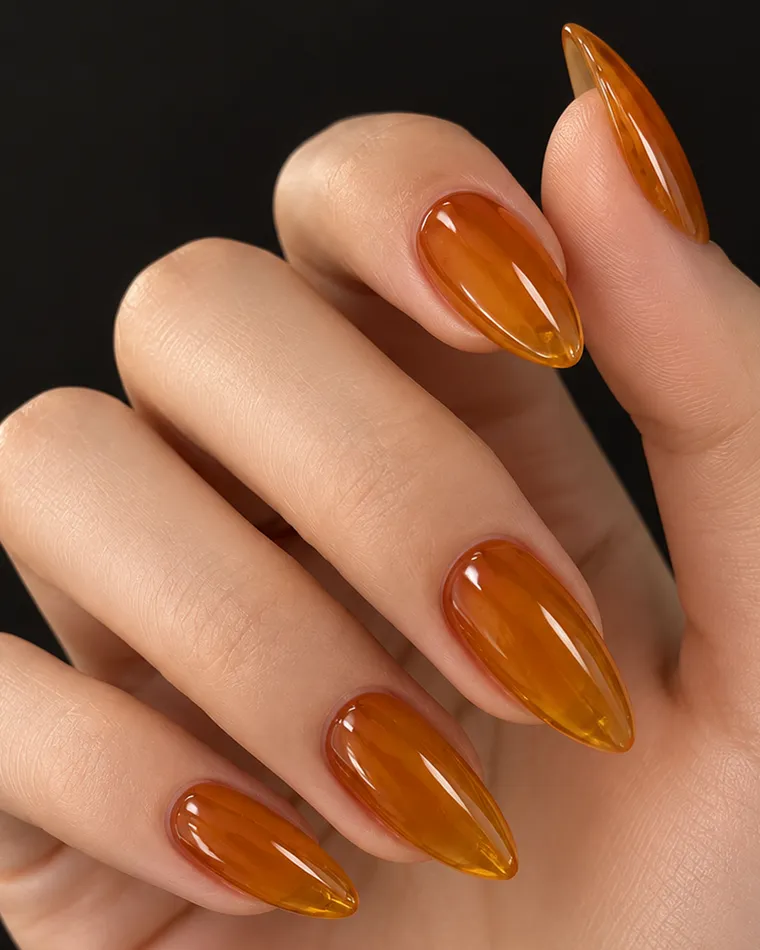Uñas con el acabado Amber Glass